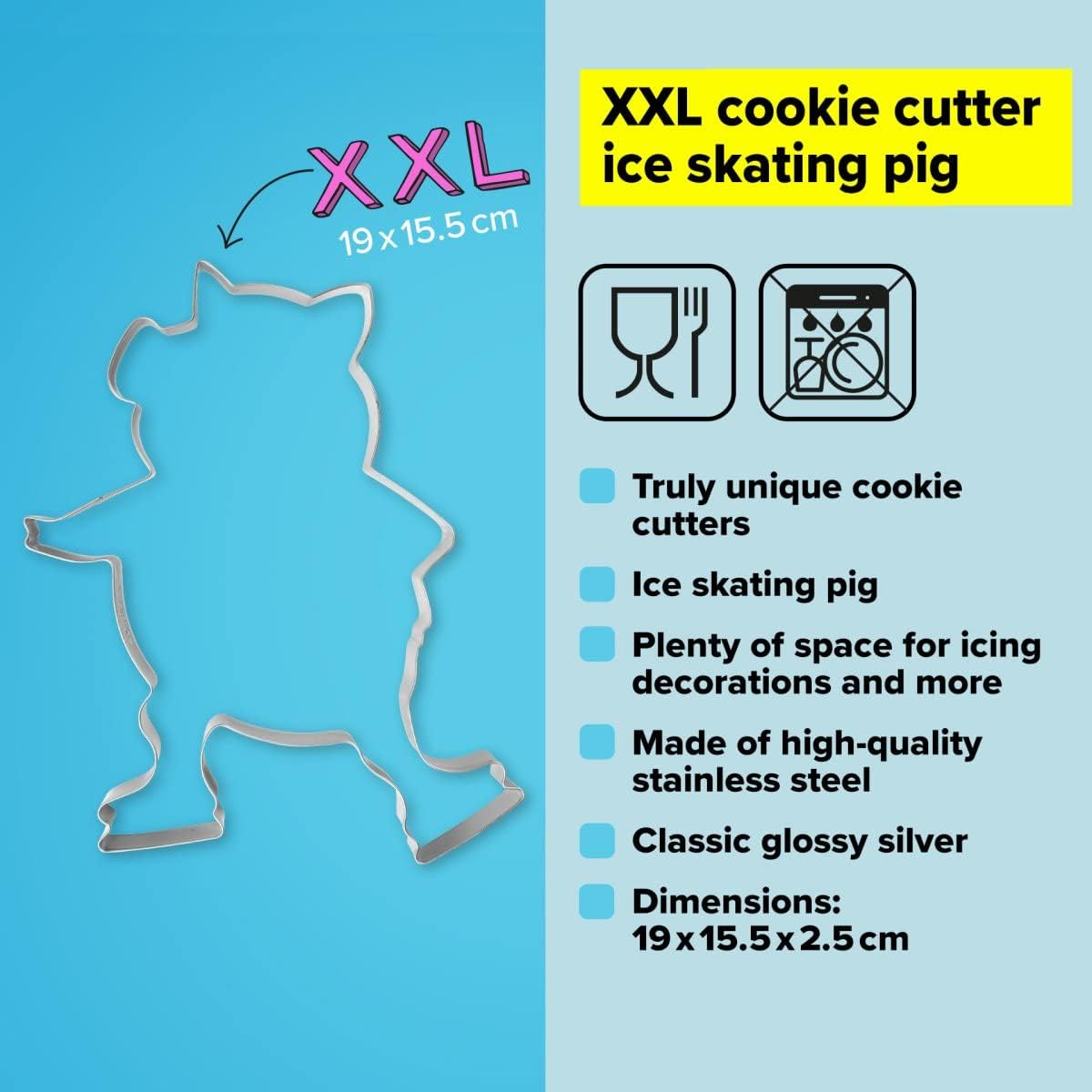 Tasty XXL Cookie Cutter, Ice Skating Pig, Piglet Shape, for Cute, Fun and Unique Cookie Creation and Baking in Classic Glossy Silver, Dimensions: 15.5 X 19 X 2.5Cm, Colour: Silver