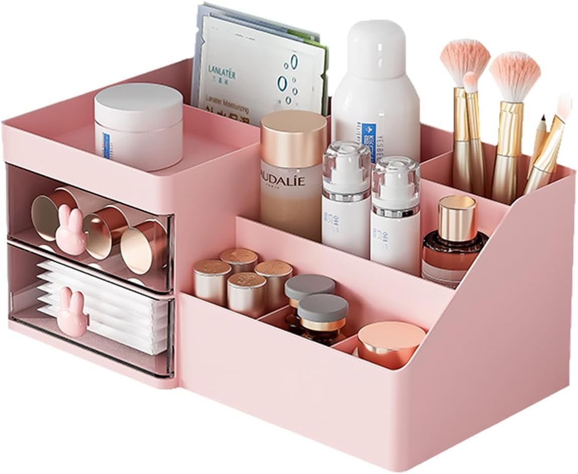Makeup Table, Bathroom, Cosmetics Organizer, Clear Drawer, Cosmetics Storage, Display Box, Brush Holder, Tabletop, Plastic Makeup Box, Beauty Organization, Skincare, Lipstick, Jewelry, Pink (PK) image number 4