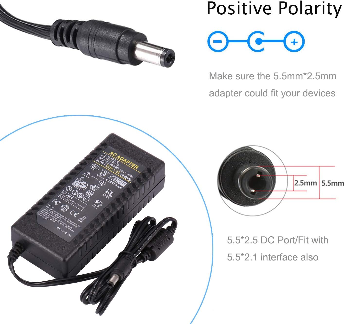 5V 8A Power Supply Adapter - Cfsadapter AC 100-240V DC 5 Volt 8Amp 40W Power Converter Charger 5.5Mm X 2.5Mm Plug 5V/8A LED Driver for LED Strip Lighting image number 1