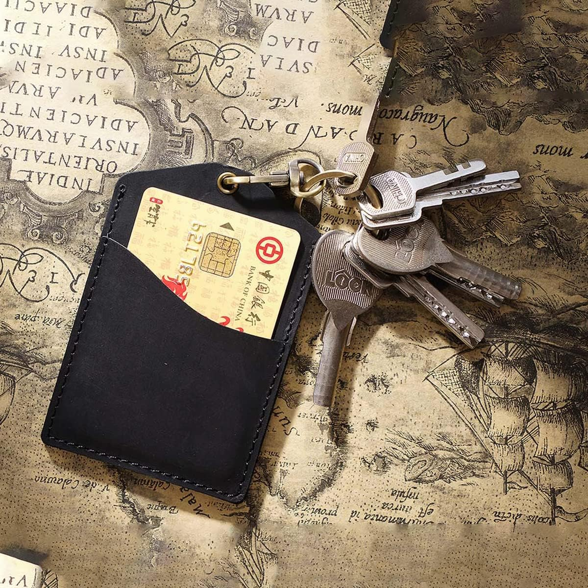 Badge Holder Vertical Handmade Leather ID Card Badge Holder Keychain with Heavy Duty Lanyard for Men Women-Black - Black 02 image number 1