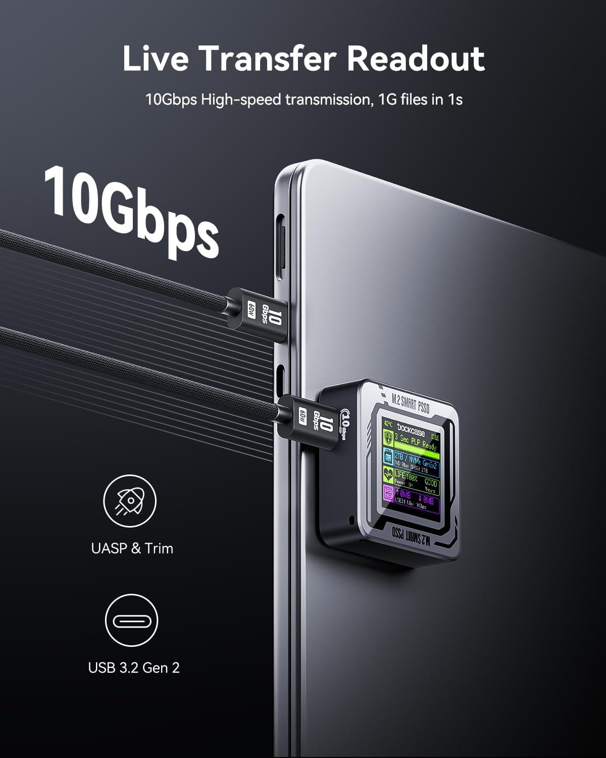 DOCKCASE Pocket M.2 Nvme SSD Enclosure,Support 3S PLP Prevents Write Data Loss,Usb 3.2 Gen 2 Type-C (10 Gbps), Fits Nvme Pcie, Exclusive to Size 2230,Support M-Key B+M Key UASP (US-S) image number 3