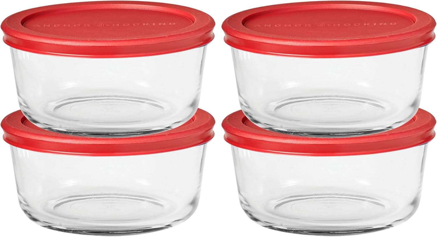 Anchor Hocking Snugfit round Glass Food Storage 4-Piece Container Set with Lids, Red &ndash; Durable Tempered Glass for Oven, Microwave, Freezer & Dishwasher Use &ndash; Resists Stains, Odors &ndash; 4-Cup Capacity