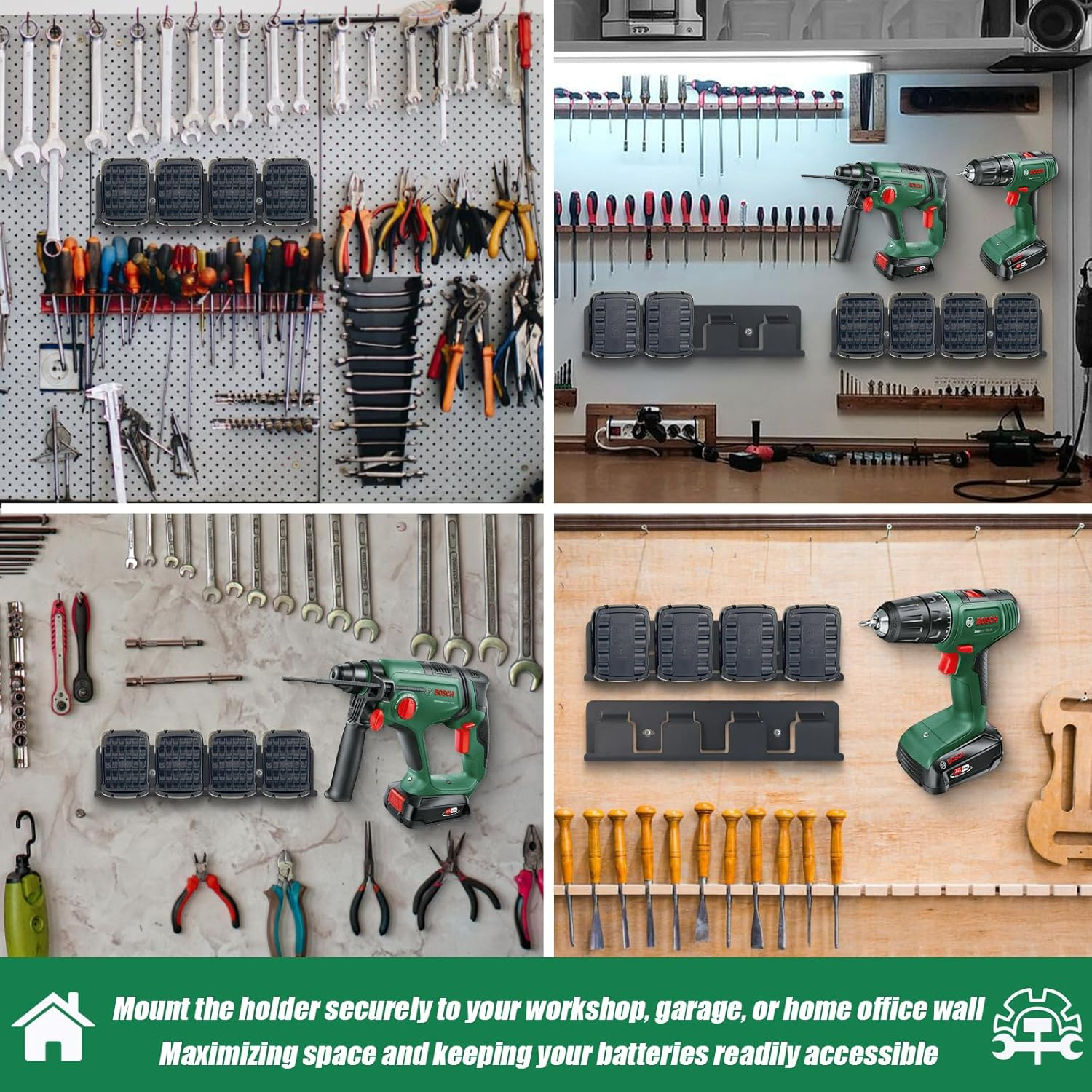 Otuiaim Wall Mount for 4 Batteries PBA 18 V Compatible with Bosch Home and Garden Drills, Reinforced Solid Steel Battery Holder Universal for Tool Battery, Mounting on Perforated Walls & Walls image number 6