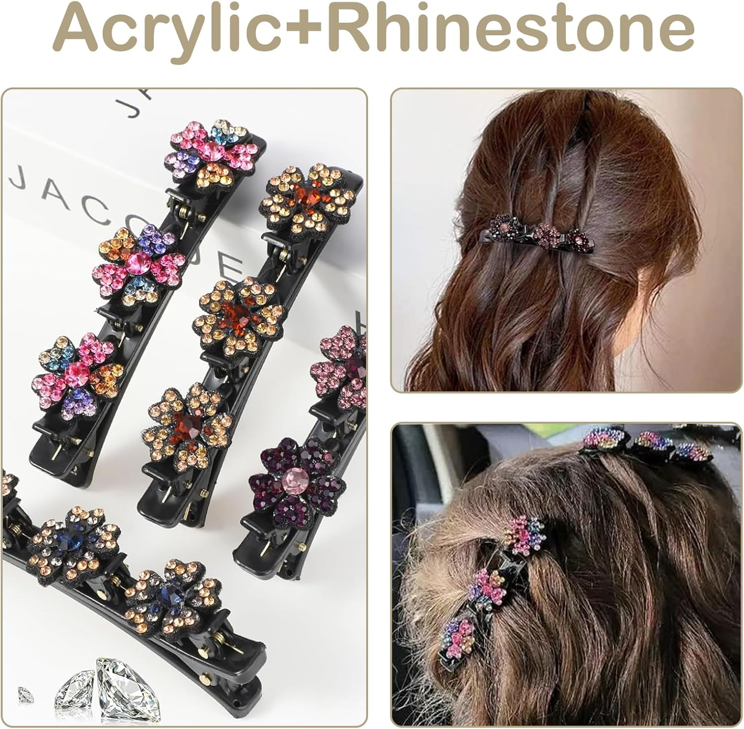 4 Sparkling Crystal Stone Braided Hair Clips, 3 Flower-Shaped Stones, Hair Accessories for Styling and Sectioning, Braided Duckbill Clips for Women and Girls. image number 1