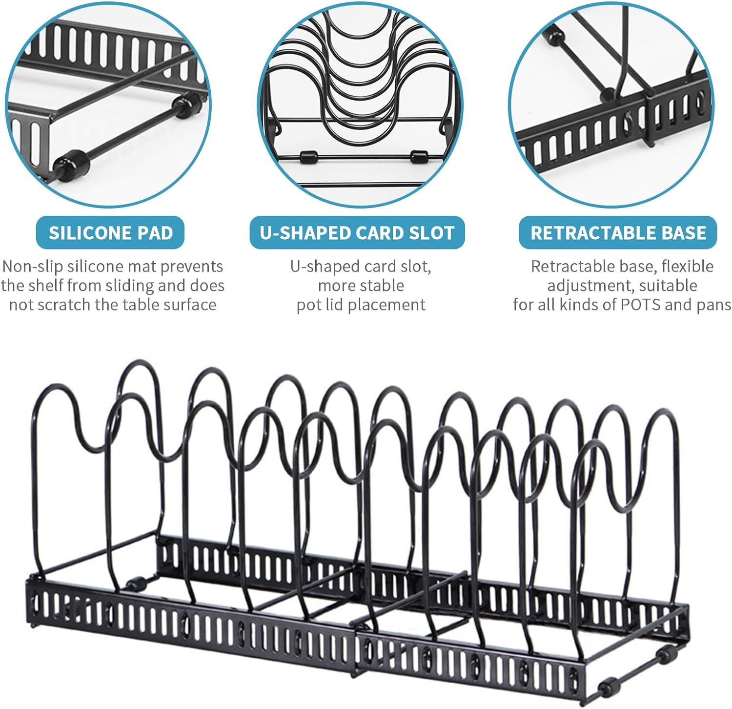 Expandable Pans Organizer Rack,10 Adjustable Compartments Pot Rack Organizer Bakeware Lid Organizer Rack Holder for Kitchen Cabinet Pantry Restaurant,Black image number 3