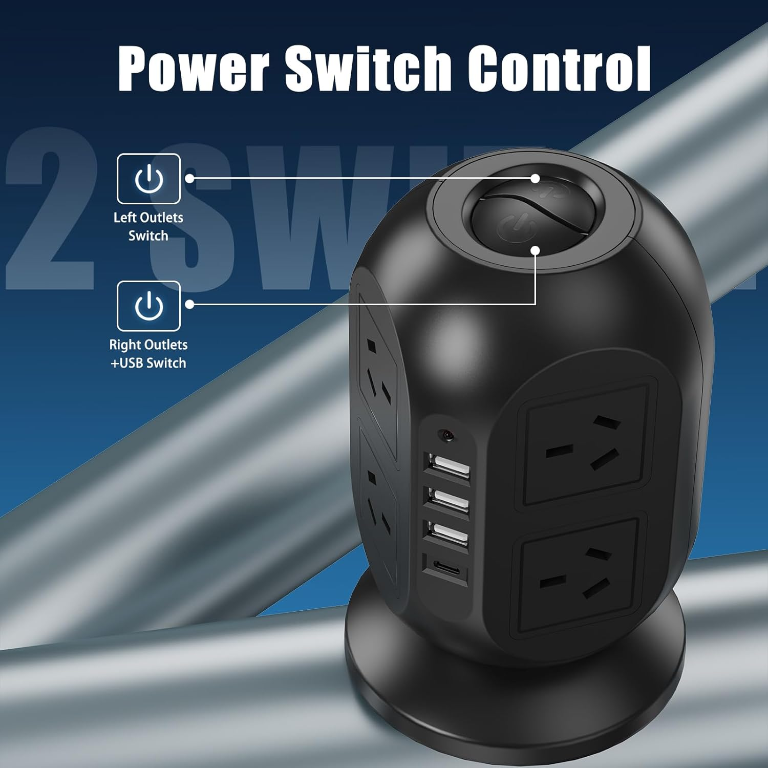 HITRENDS Tower Power Board with USB C, Surge Protection Powerboard with 8 AC Outlets & 4 USB(3 USB-A & 1 Type-C), Power Strip with 2M/6.5FT Extension Cord and Switch for Office Home image number 1