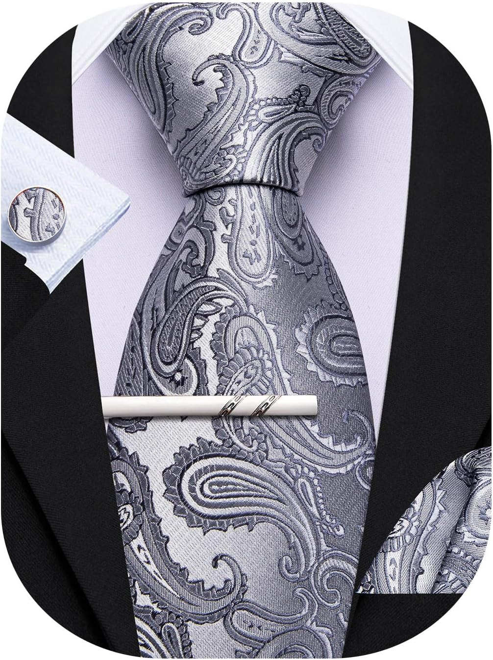 Barry.Wang Paisley Tie with Tie Clip for Men Silk Necktie Pocket Square Cufflinks Set Formal Wedding Party Business - Baby Blue image number 3
