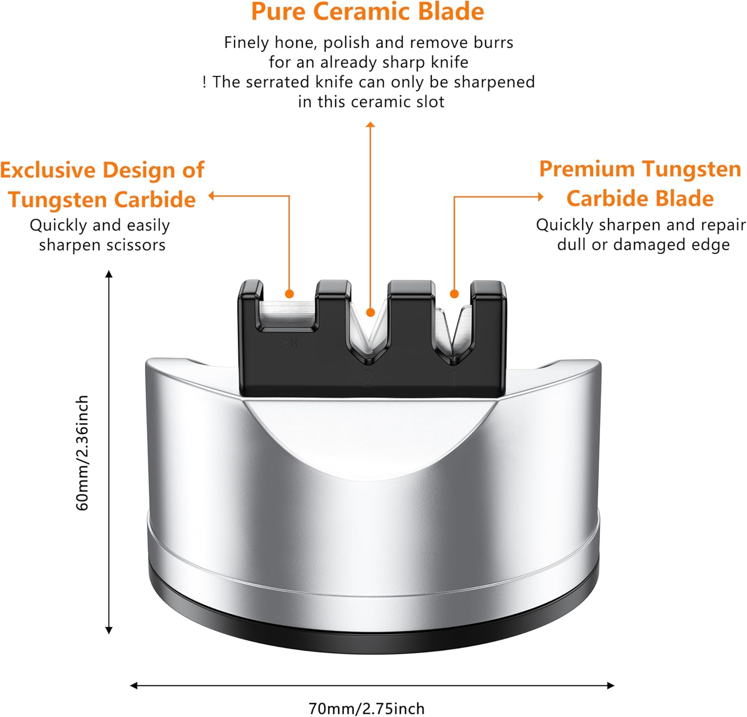 Knife Sharpener for Kitchen: Tungsten Steel & Porcelain 3-Stage Knives Sharpening Stone for Kitchen Scissors, Straight and Serrated Blades, with Suction Cup Hands-Free Safety image number 5