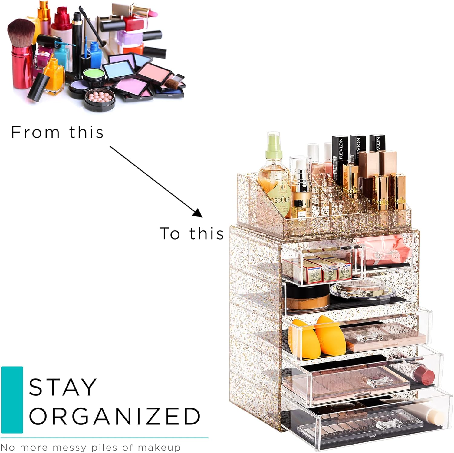 Sorbus Clear Cosmetic Makeup Organizer - Make up & Jewelry Storage, Case & Display - Spacious Design - Great Holder for Dresser, Bathroom, Vanity & Countertop (4 Large, 2 Small Drawers) [Glitter] image number 2
