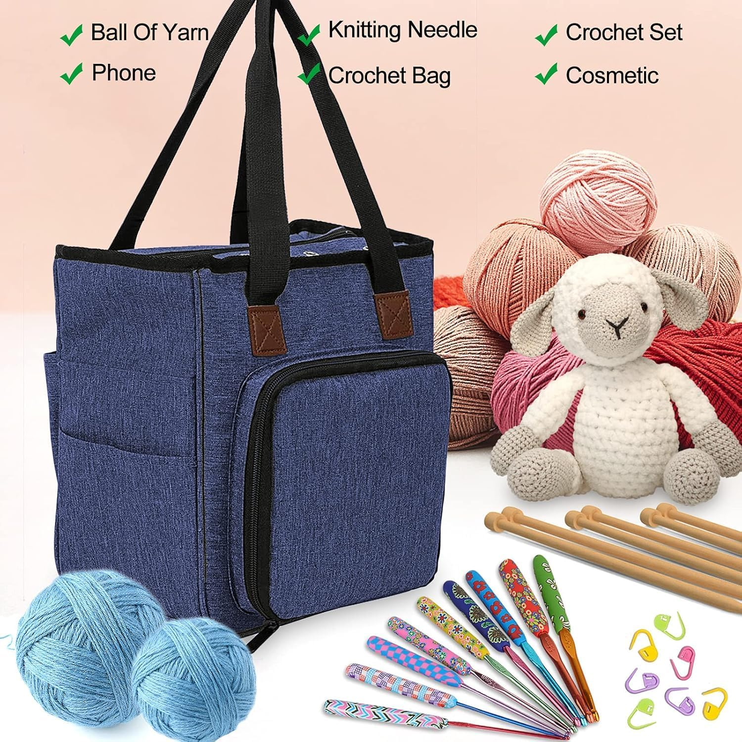 Knitting Bag Yarn Storage Organizer, Portable Knitting Tote Basket Yarn Bags for Crochet Hooks, Crocheting Kit, Knitting Needles, Yarn Balls, Project & Sewing Supplies (Navy) - Sky Blue image number 3