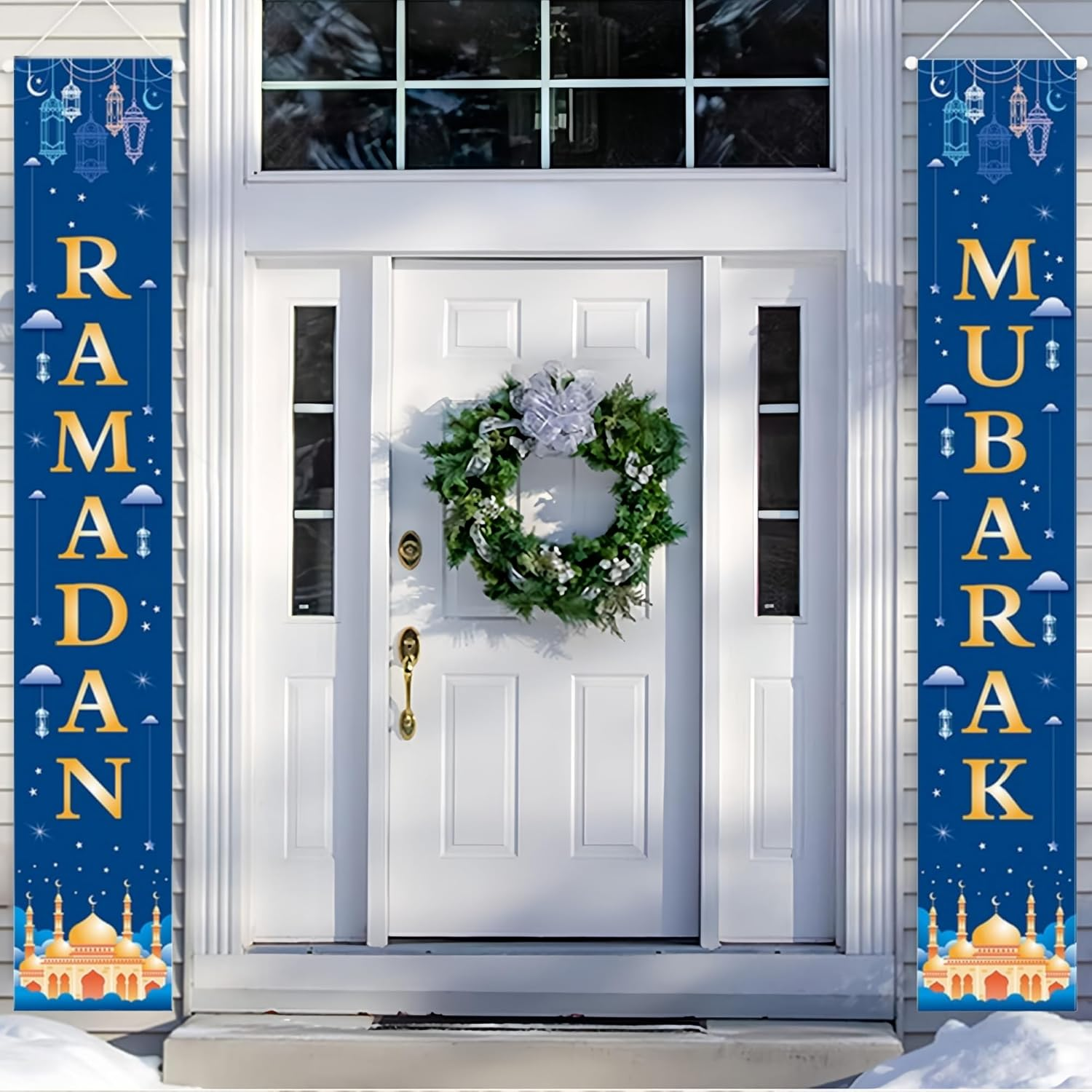 Blue Ramadan Mubarak Banner Eid Mubarak Door Sign Hanging Banners Decoration Set for Ramadan Themed Party Indoor and Outdoor Party Supplies Decorations(70.8X 43.3In）