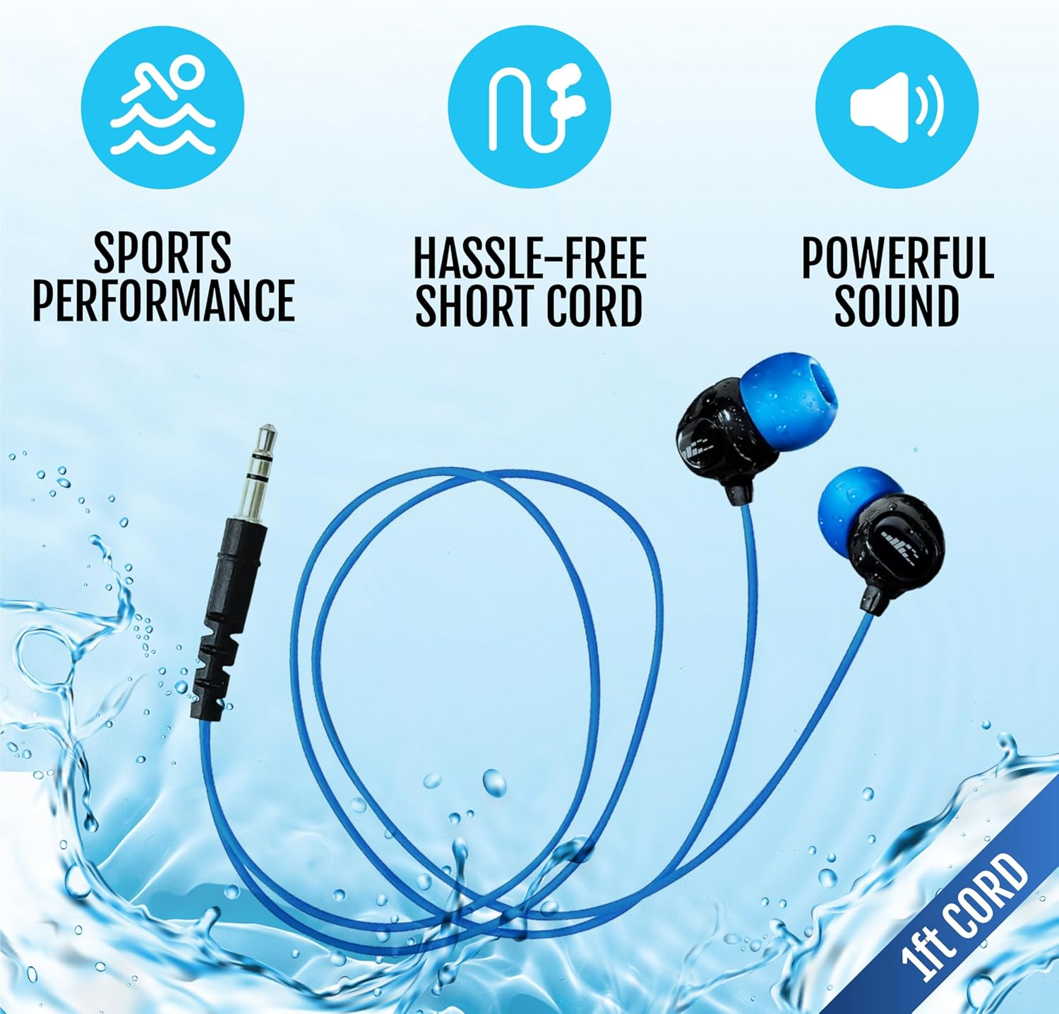 H2O Audio Surge S+ Waterproof Sport Headphones, (Short Cord Design) &ndash; In-Ear Sweatproof Earbuds for Swimming, Running, Cycling &ndash; IPX8 Waterproof, Compatible with Ipods & MP3 Players image number 4