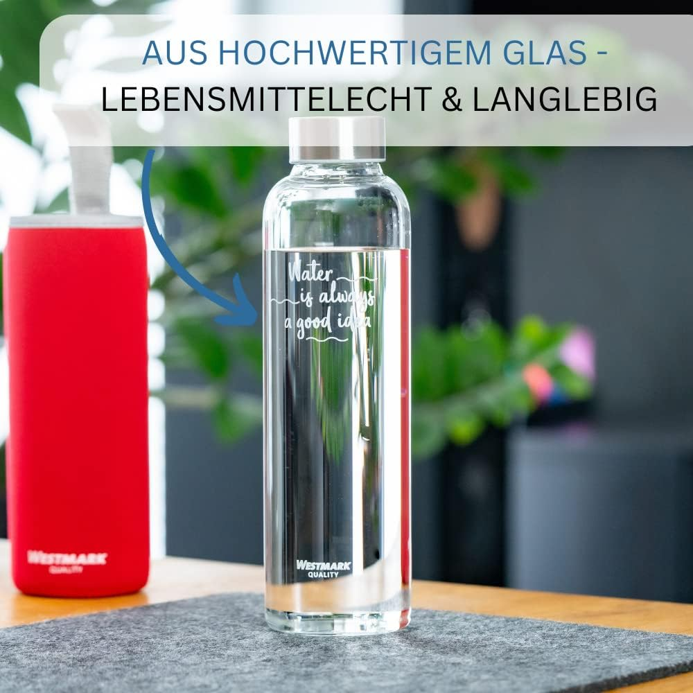 Westmark Drinking Bottle Set 2 Pieces 2 Glass Drinking Bottles with Print, Includes 1 Protective Cover, 1000 Ml, Glass, Silicone, Rubber, Bpa-Free, Viva, Red/Anthracite/Silver/Clear, 5274222E8 image number 4