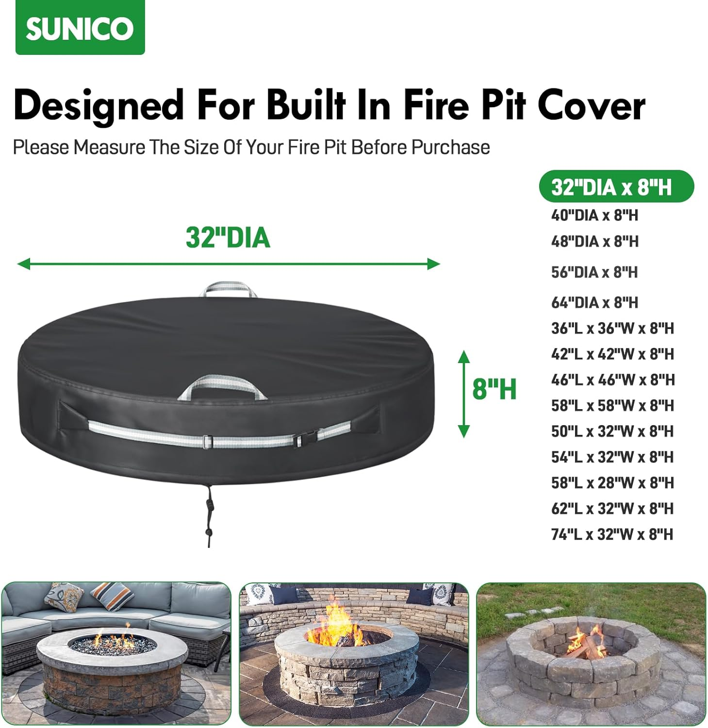 SUNICO round Built in Stone Fire Pit Cover for in Ground Firepit, Outdoor Tabletop Fire Pit Cover with Adjustable Buckle, Heavy Duty Waterproof Built in Stone Firepits Cover for 28-32 Inch Fire Pit image number 6