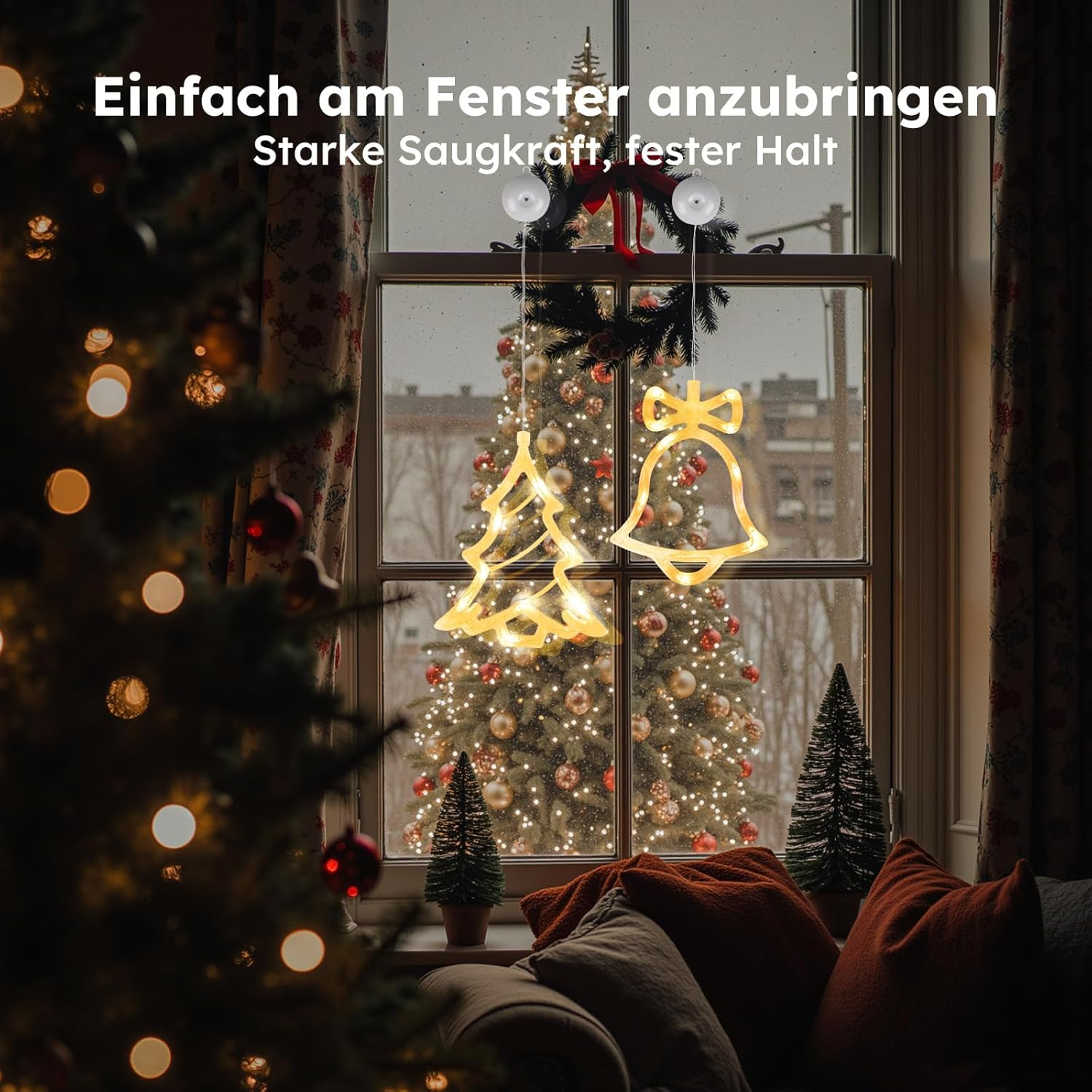 LEDYA Christmas Window Lights, Pack of 2 Bell & Christmas Tree, Warm White Fairy Lights, Battery Operated with Suction Cup & Timer, Window Fairy Lights for Christmas Decoration, Party, Wedding image number 4