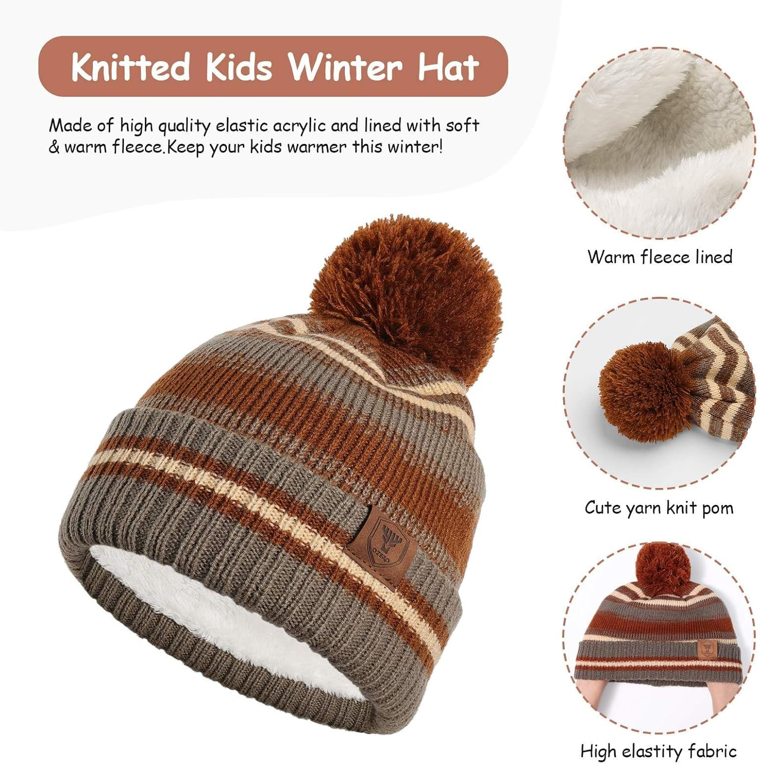 OZERO Kids Toddlers Winter Knit Warm Beanie Hat Scarf Gloves Set for Boys Girls Age 5-10, Knit Cap Neck Warmer Gloves Fleece Lined image number 1