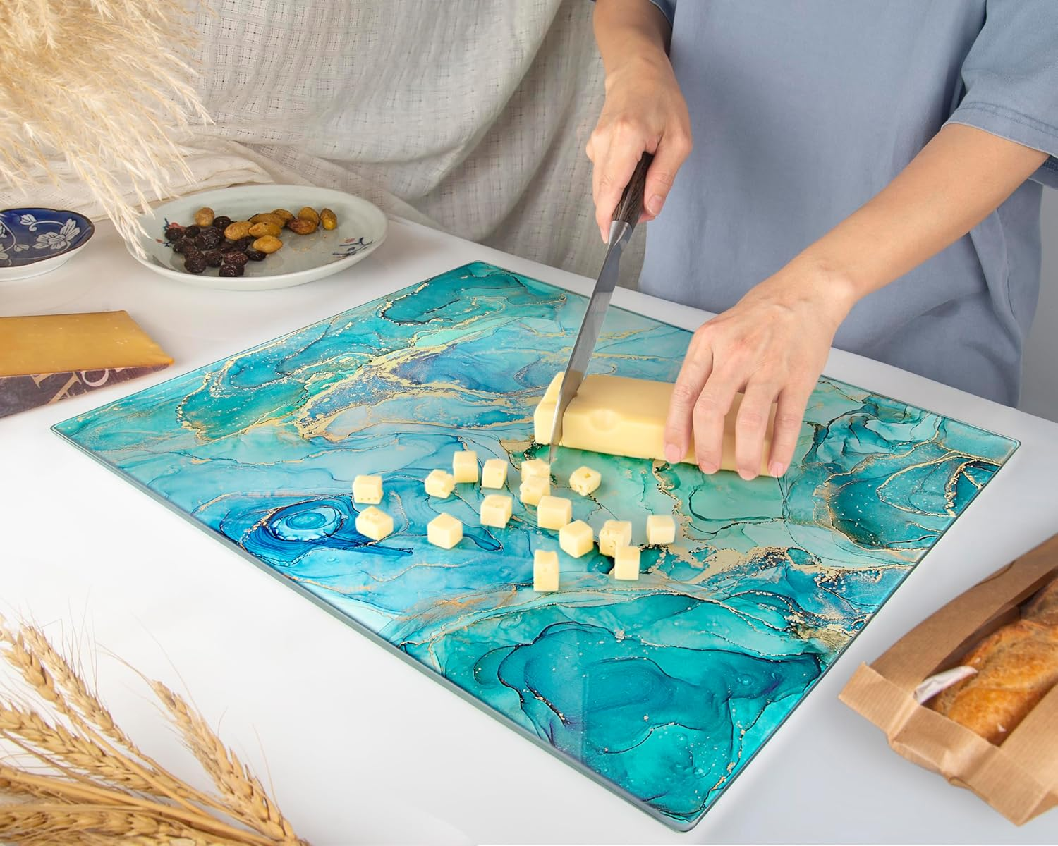 Glass Chopping Board 50 X 40 Cm - Hygienic Tempered Glass Chopping Board - Heat Resistant, Scratch Resistant & Non-Slip - Glass Top for Kitchen - Turquoise Ocean