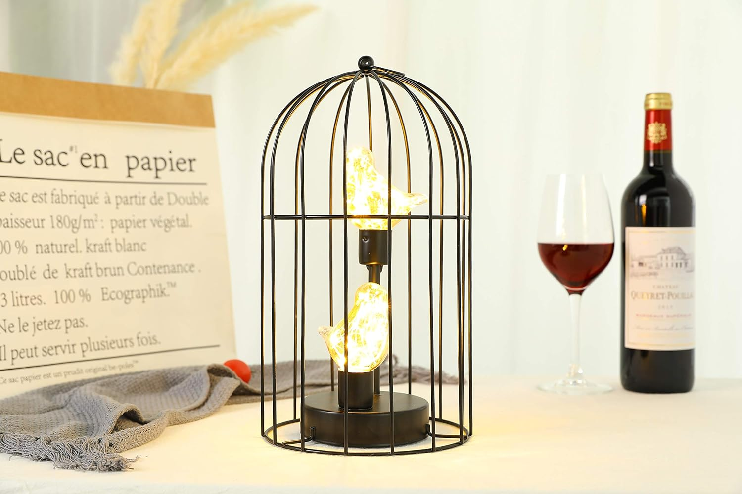 JHY DESIGN Birdcage Decorative Lamp Battery Operated 30CM Tall Cordless Accent Light with Warm White Fairy Lights Bird Bulb for Living Room Bedroom Kitchen Wedding Xmas(Black) - Black Double Bird image number 4