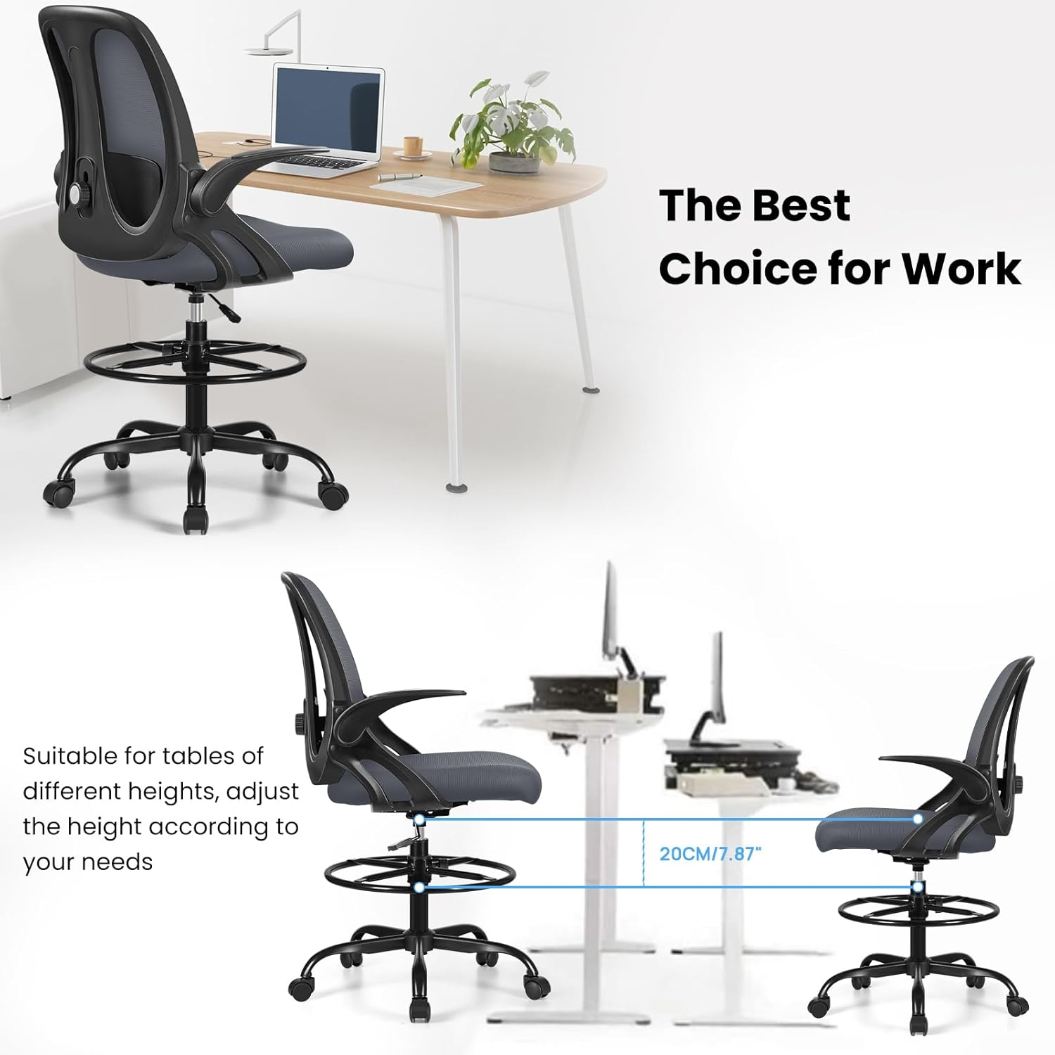 Razzor Drafting Chair Tall Ergonomic Office Chair Standing Desk Stool Chair with Adjustable Lumbar Support and Footrest Ring Executive Computer Chair, Rz2203-Z-Dark Gray image number 3