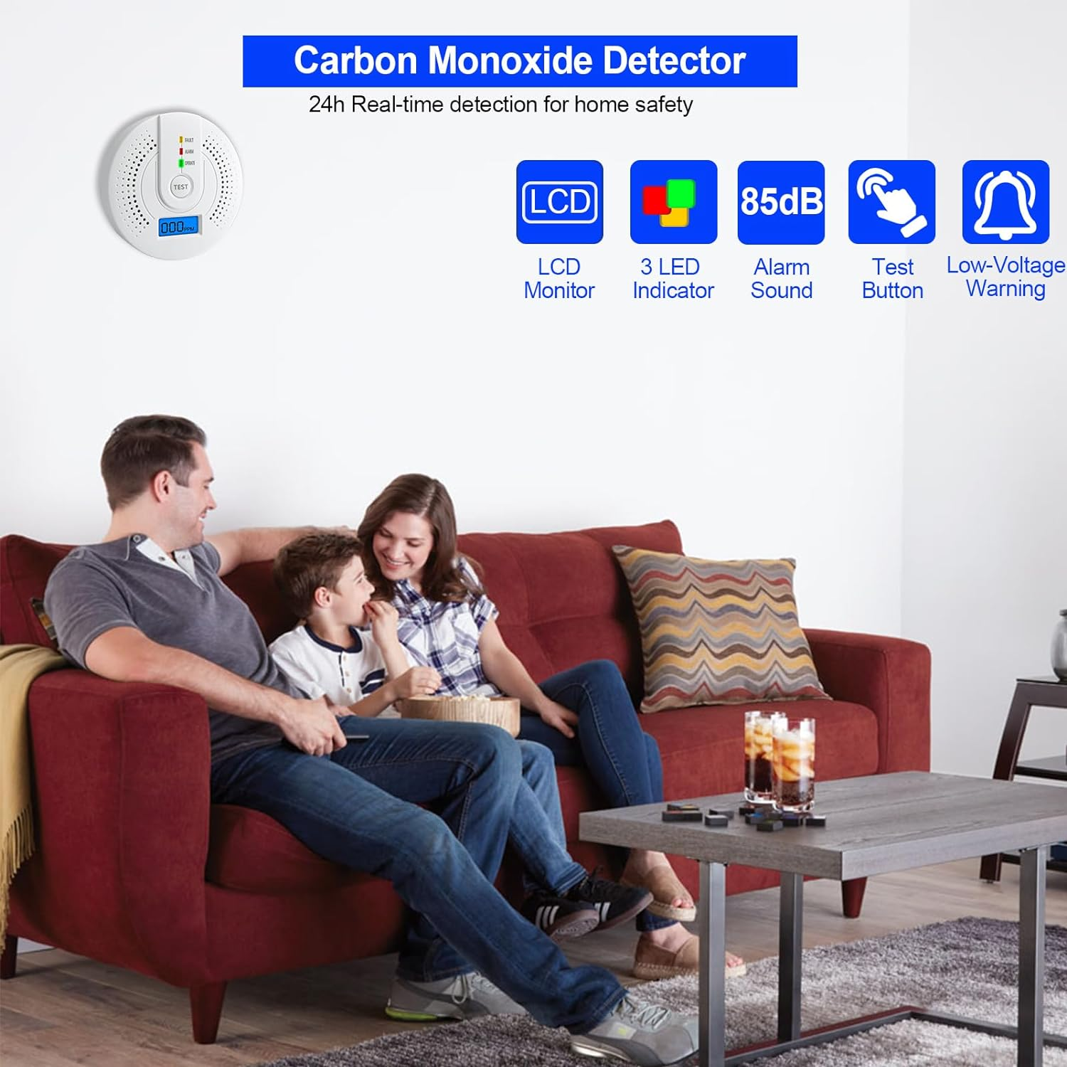 Carbon Monoxide Detector,Replaceable Battery Operated CO Alarm Detector with Test Button and Digital Display Suitable for Home, Office,Comply with EN50291(AA Batteries NOT Included) image number 2