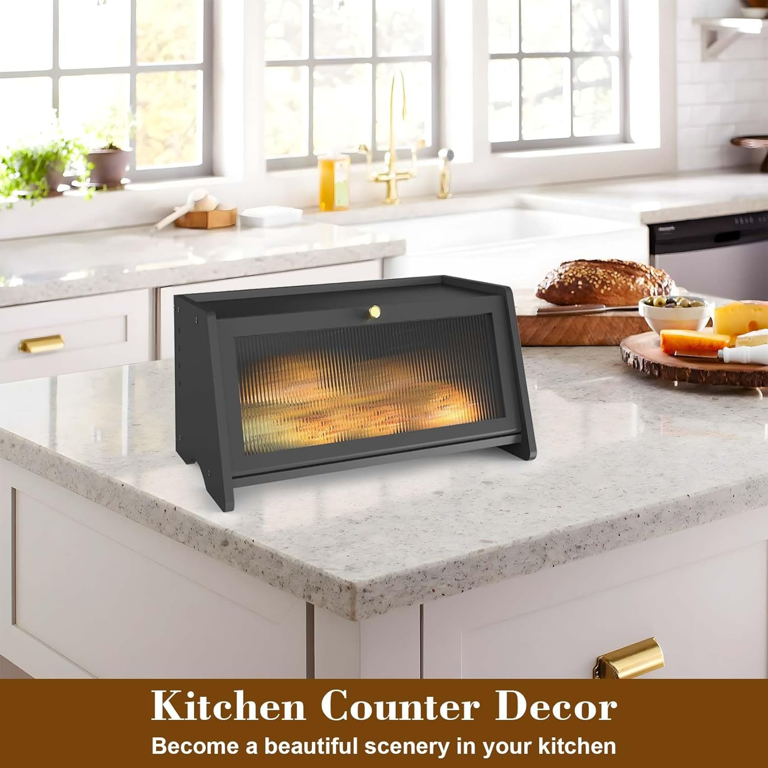 Black Bread Box for Kitchen Countertop, Bamboo Bread Storage Container with Acrylic Frosted Window, Large Farmhouse Breadbox for Homemade Bread Fruits & Spices image number 2