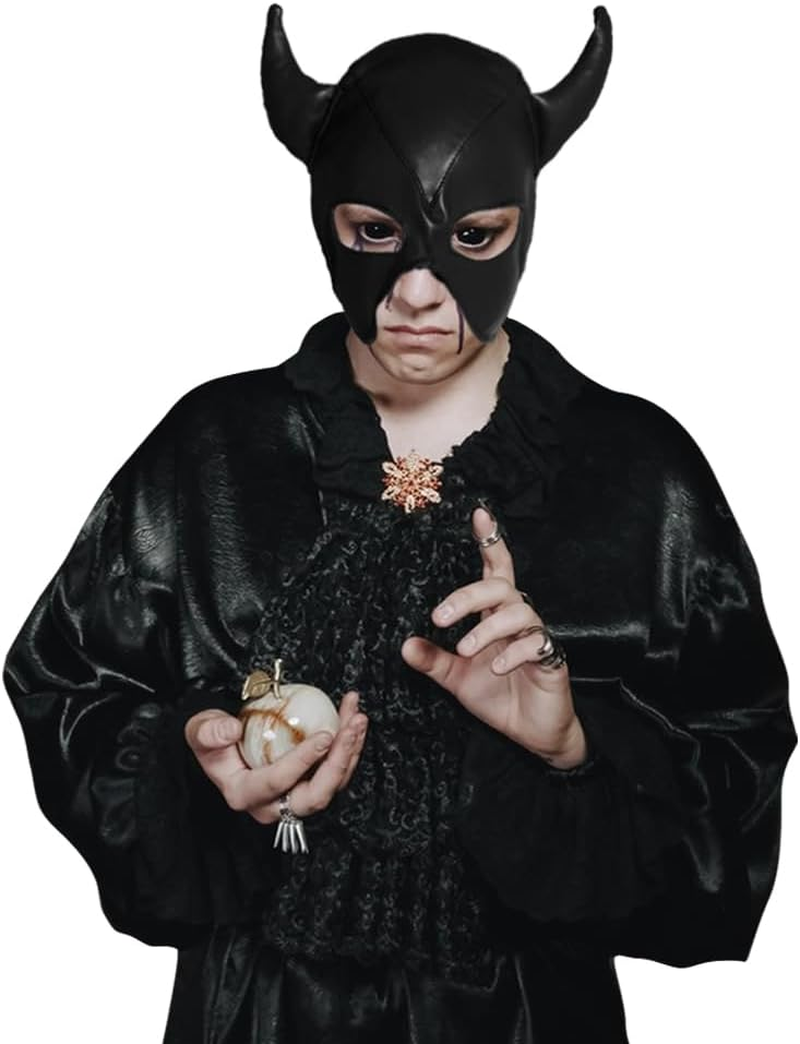 PU Leather Horn Full Cover Hood Mask Opened Mouth Show Eyes Face Mask Adjustable Lace-Up Hood Headgear Halloween Cosplay Fancy Dress Eye Mask Night Club Dress up Costume for Couple Games Carnival image number 6