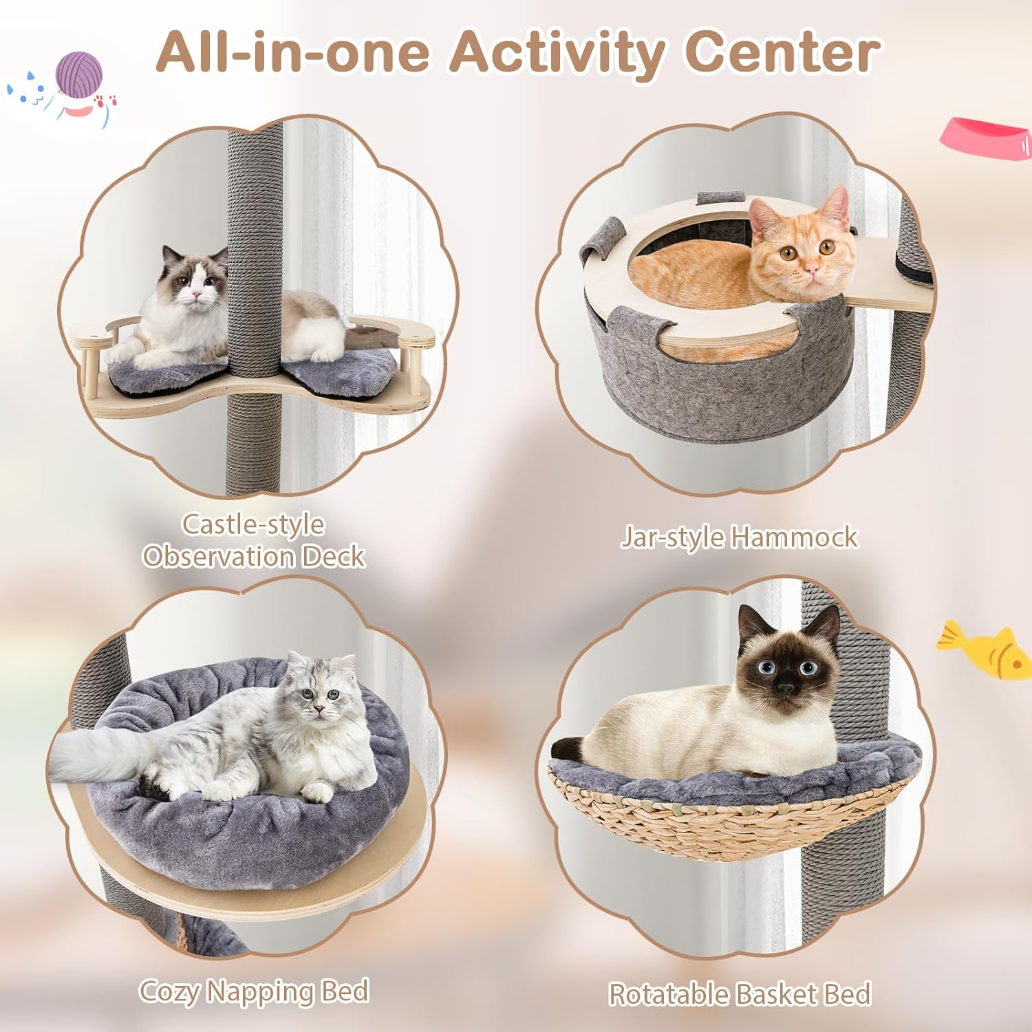 Floor to Ceiling Cat Tree, Tall Cat Tower W/Adjustable Height(236-271Cm) for Indoor Cats, 5 Tier Cat Climbing Activity Center W/Scratching Post, Springboard, Basket Bed, Hammock image number 3