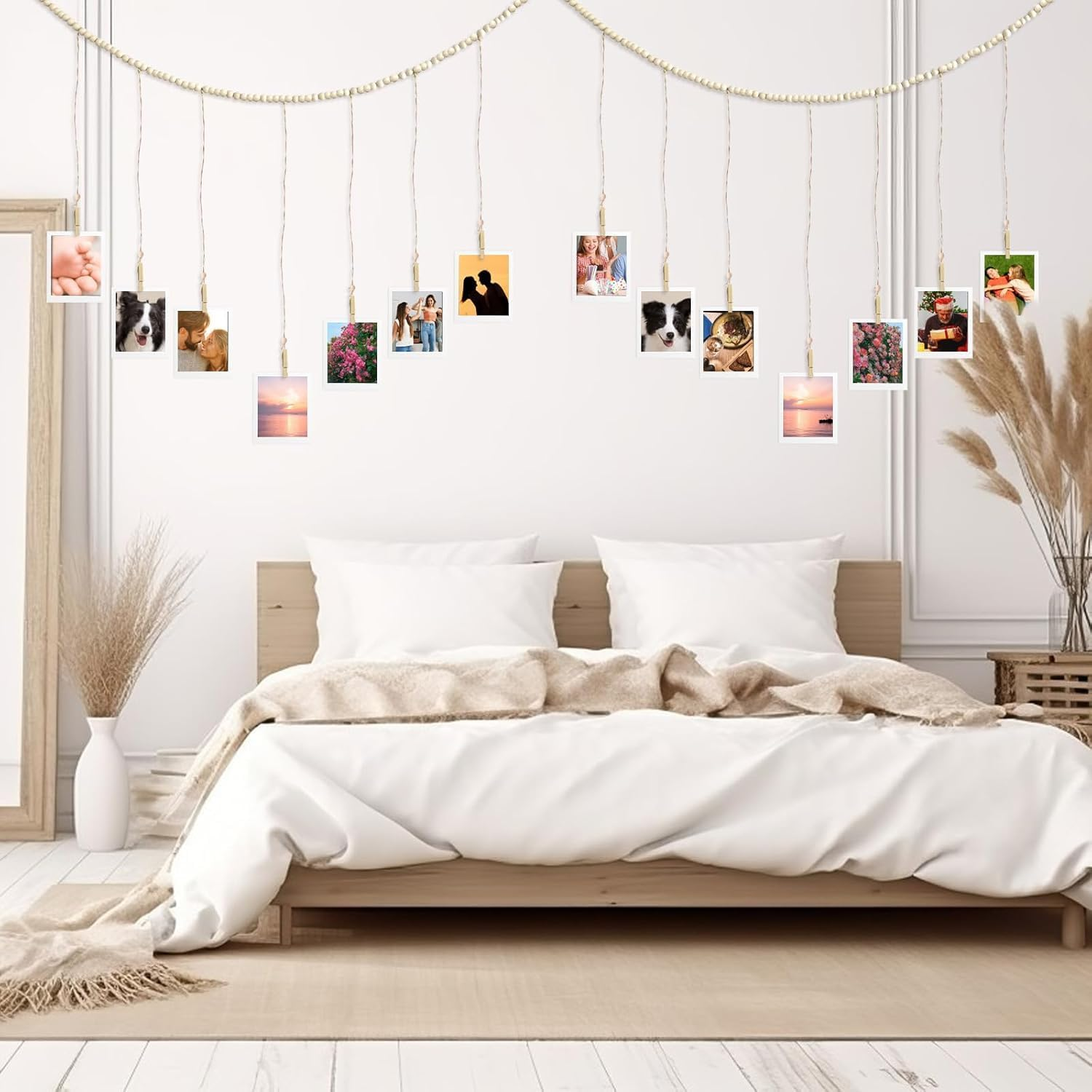 Boho Hanging Photo Display with 30 Clips Wooden Beads, Collage Hanging Picture Frames with String, Photo Garland Wall Decor for Bedroom Living Room Dorm Art Teenager Girl image number 1