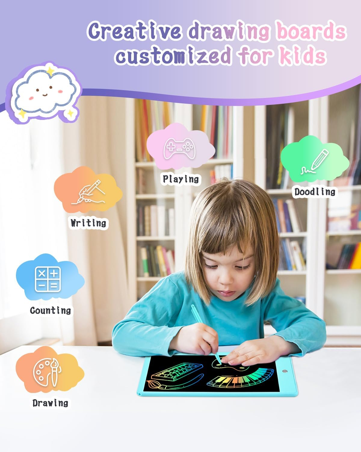 Gifts for Girls Boys, Toddles Colorful Doodle Board Drawing Tablet, 10 Inch Writing Board, Stocking Stuffers Kids Christmas Travel Gifts for Kids Age 3-9 Years, Kids Toys Portable in Car Airplane - Blue image number 3