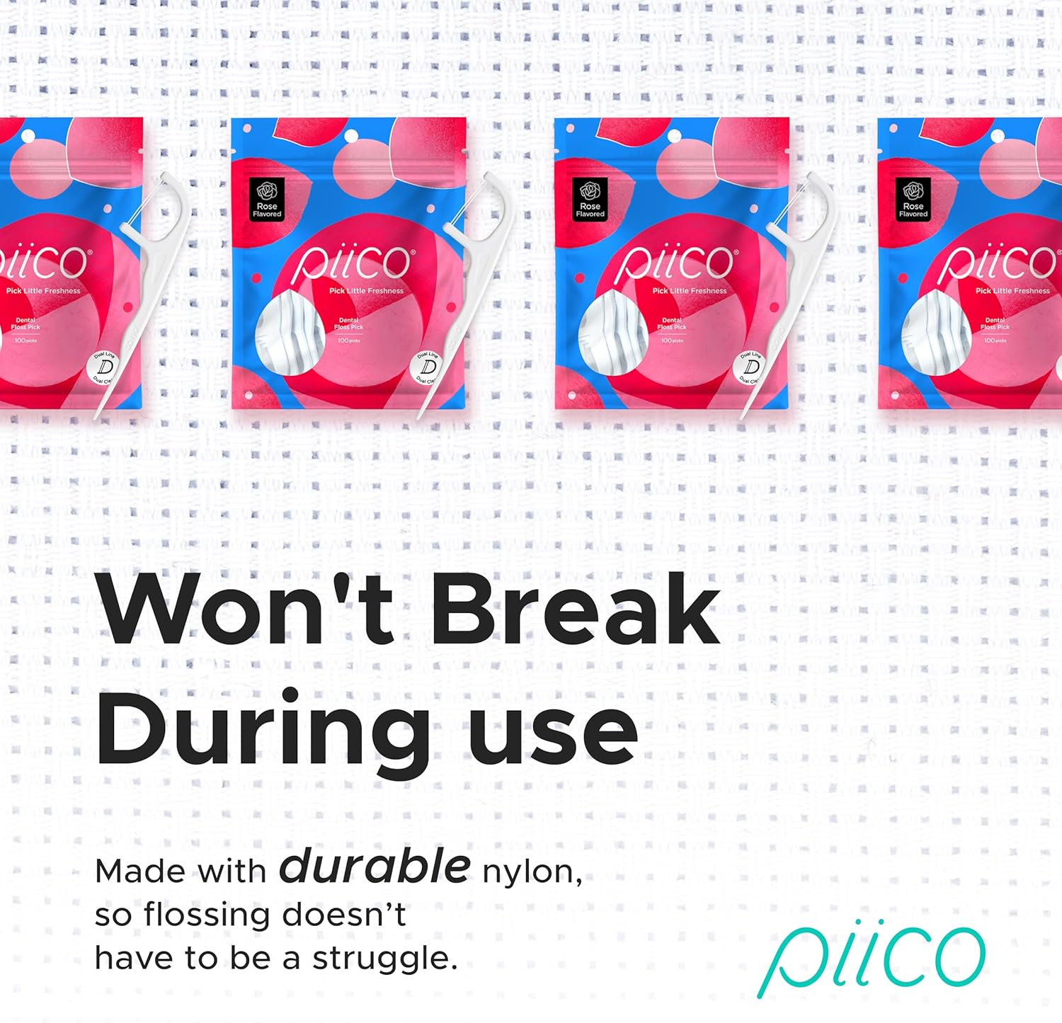 Piico Rose Floss Picks with Xylitol, 100 Counts, Unbreakable and Shred-Resistant Flossers for Adults, Resealable Pack, Long-Lasting Unique Flavored Dental Floss Picks, Doubles as Portable Dental Picks