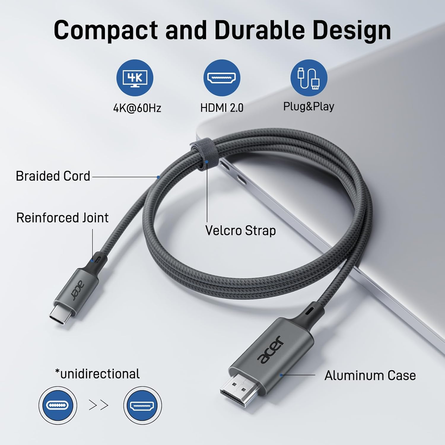 Acer USB C to HDMI Cable 4K@60Hz 1.8M [Thunderbolt 4/3 Compatible] Type-C HDMI Cord for Office [Nylon Braided] for Iphone 16/15 Pro/Pro Max, Galaxy S25, Macbook Pro/Air 2023, Ipad Pro, Etc