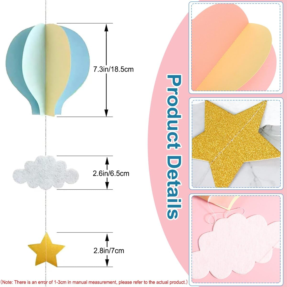 4 Pcs Cloud Hot Air Balloon Hanging Ornaments for Wedding,Birthday,3D Paper Decoration for Party (Hot Air Balloon) image number 2