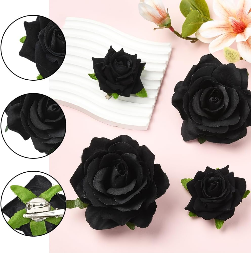 SOFPLATE Pack of 4 Black Rose Hair Clips Flowers Hair Brooch 2 in 1 Fabric Flower Clips Brooches Hats Bags Clothing Hair Pins Decoration Accessories for Wedding Party Halloween Fancy Dress Accessories image number 1