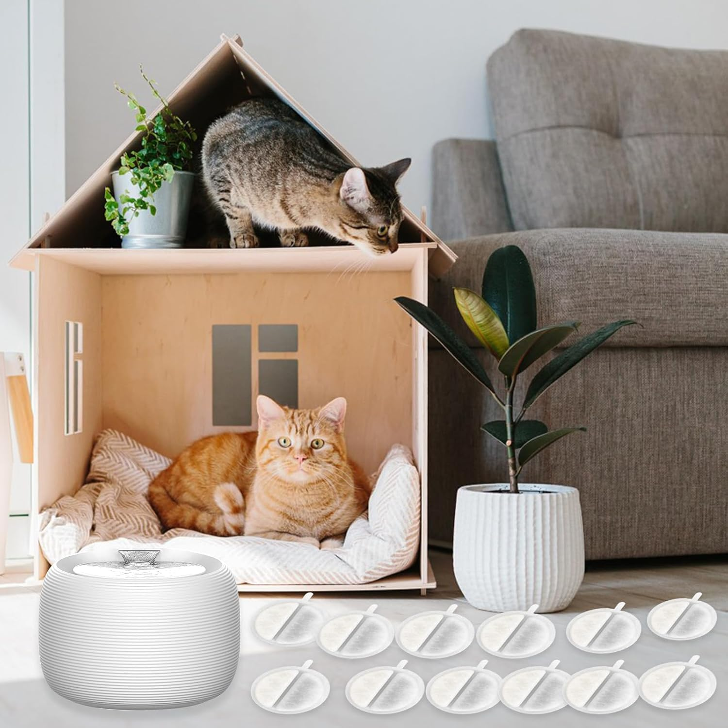 Moguri 4 + 4 Pieces Drinking Fountain Cat Replacement Filter, Filter Cat Fountain for 84 FL Oz/2.5 L Drinking Fountain for Cats and Dogs, with Carbon Filter and Foam Filter image number 3