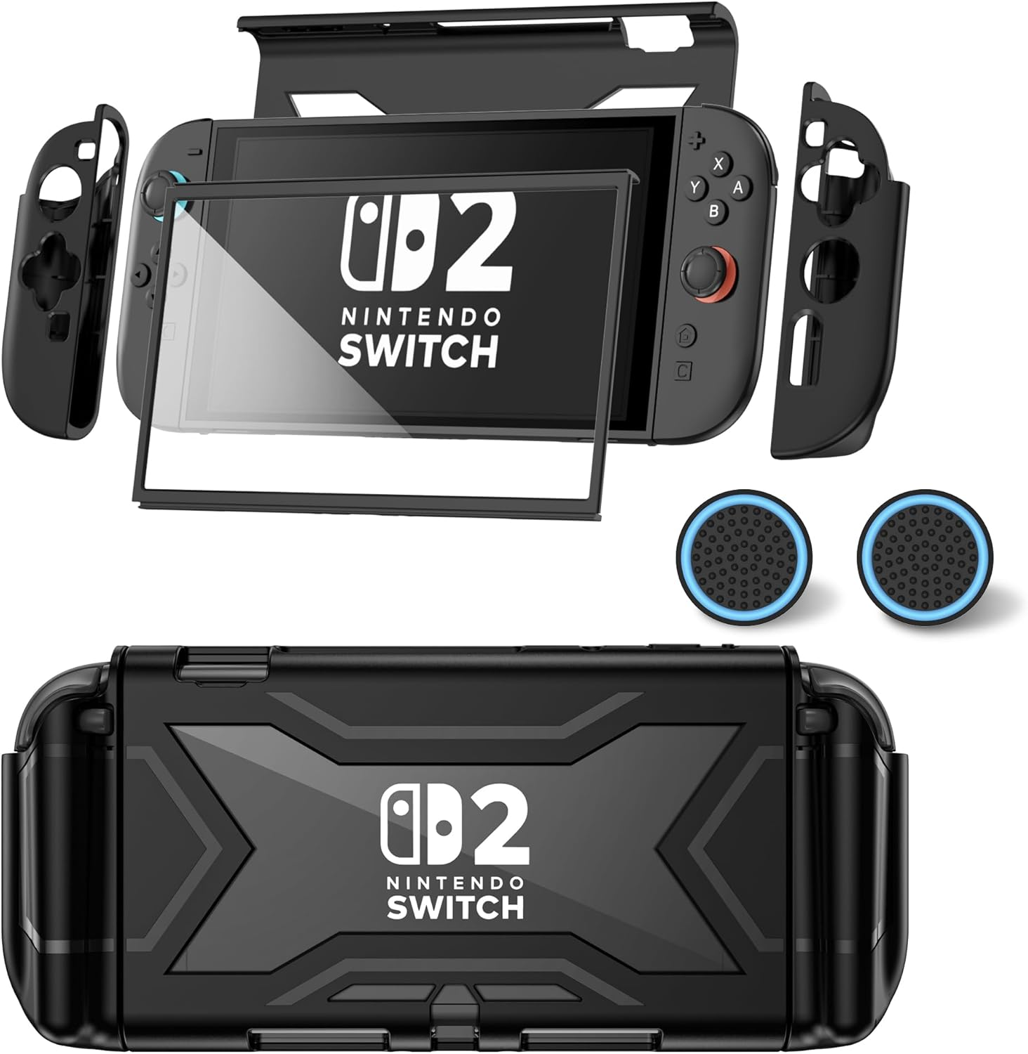 Protective Case for Nintendo Switch Lite, Full Protection Switch Lite Cover, TPU Shock-Absorption and Anti-Scratch for Nintendo Switch Lite Skin with Bult-In Screen Protector & Thumb Grip Caps, Black
