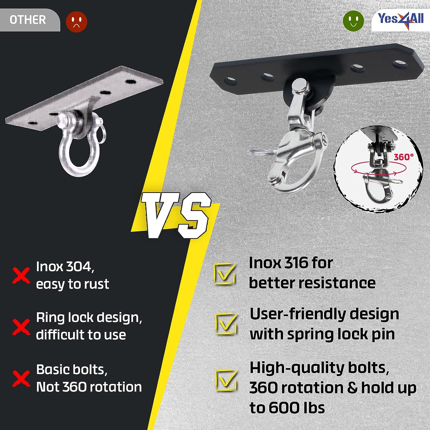 Yes4All, Heavy Bag Mount for Punching Bag Hanger, Heavy Duty Swing Hanger for Yoga, Chair, Boxing Bag, Indoor & Outdoor Gym - Smart Design, Easy to Use, Fit Most Ceiling image number 1