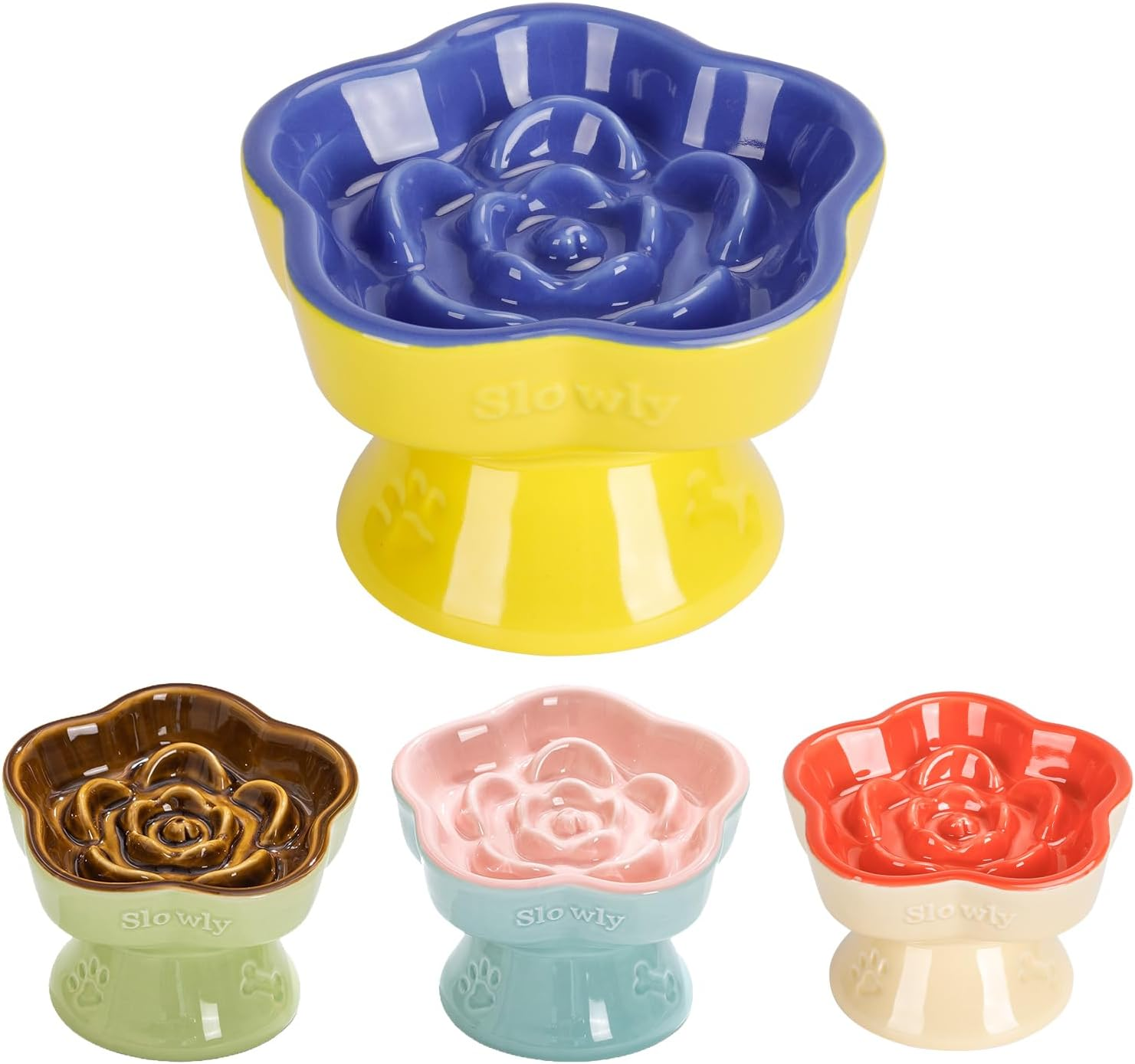 S&Q'S Ceramics Raised Slow Feeder Cat Bowl, Ceramic Elevated Cute Pet Food Bowl Small Dogs Slow Feeder, Flower Shaped Cute Cat Dish for Dry and Wet Food (Brown, 5.8")