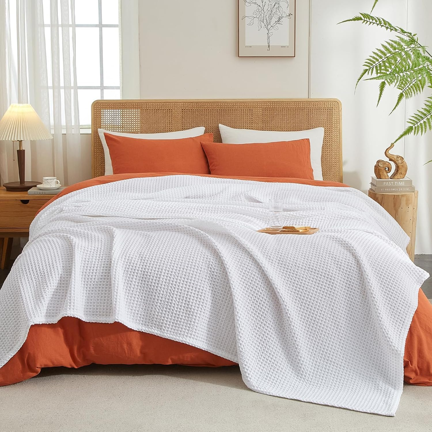 100% Cotton Blanket, Waffle Weave Blanket for Bed and Sofa, Breathable and Soft, 350GSM Premium Cotton, White, 127X152Cm image number 5