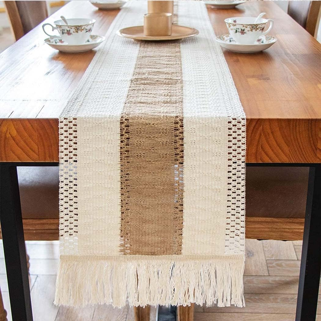 KEPTFIT Macrame Fabric Table Runner, Boho Cotton Table Runner with Tassels for Wedding Bridal Shower Shower Rustic Dining Table Decoration 12 X 72 Inch (B) image number 3