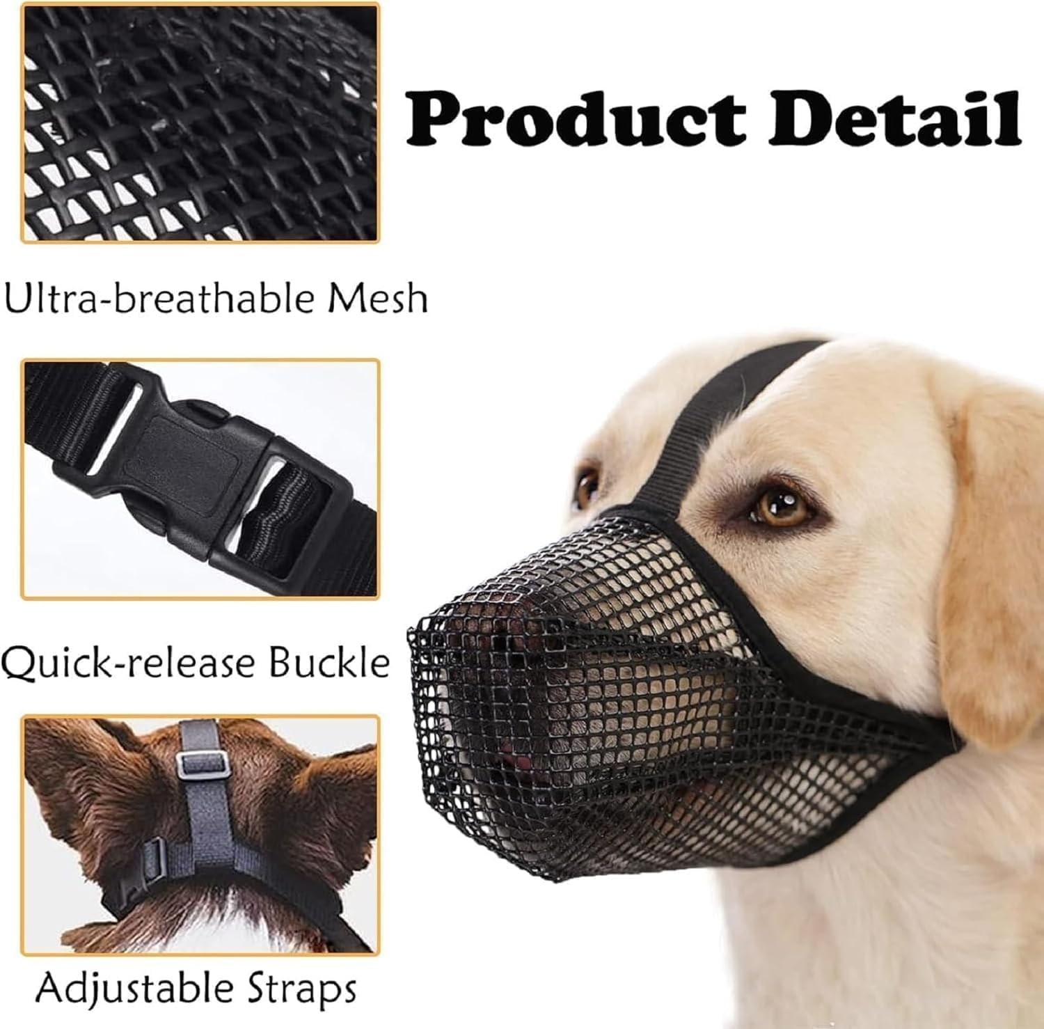 Dog Mask, Soft Mesh Mask, round Mesh Dog Mask, Prevents Eating, Biting and Chewing, Adjustable Poison Bait Protective Mask Suitable for Small and Medium-Sized Dogs (Black, M) image number 4