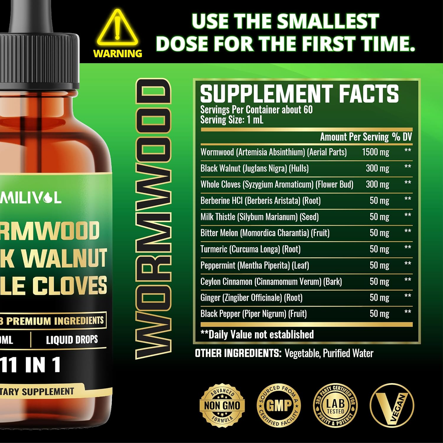 MILIVOL Wormwood Liquid Drops - Wormwood Extract Tincture with Black Walnut, Whole Cloves & 8 More Herbs - 2 Fl Oz for 60 Days Supply image number 5