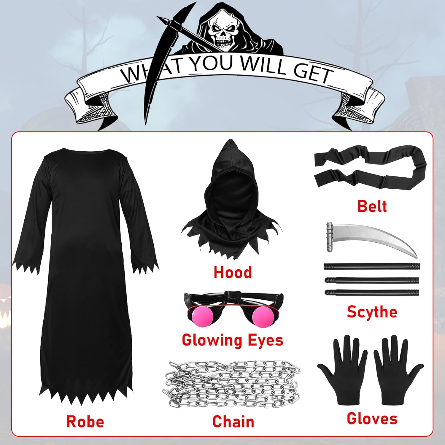 Grim Reaper Halloween Costume with Red Eyes for Adults,Halloween Costumes 7 Pcs Halloween Grim Reaper Costume Set with Glasses Scythe Chain Belt Halloween Costumes Mens