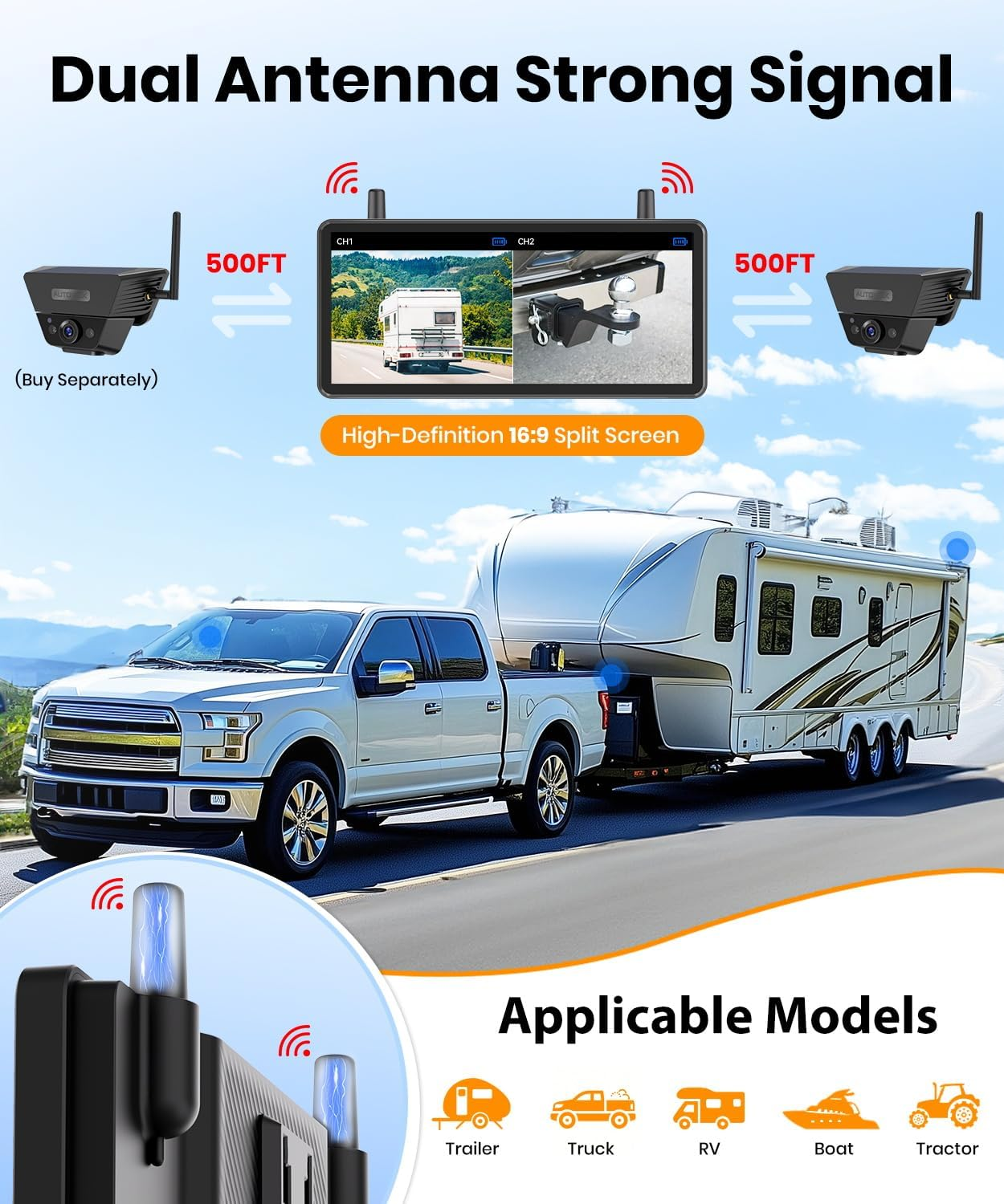 AUTO VOX Wireless Backup Camera Solar Magnetic: with 7.2" DVR 1080P 2 Split Recording Monitor, Dual Antenna Stable Signal,Ip69K & 1-Min Install,Hd IR Night Vision for Truck, Trailer, RV, Camper image number 6