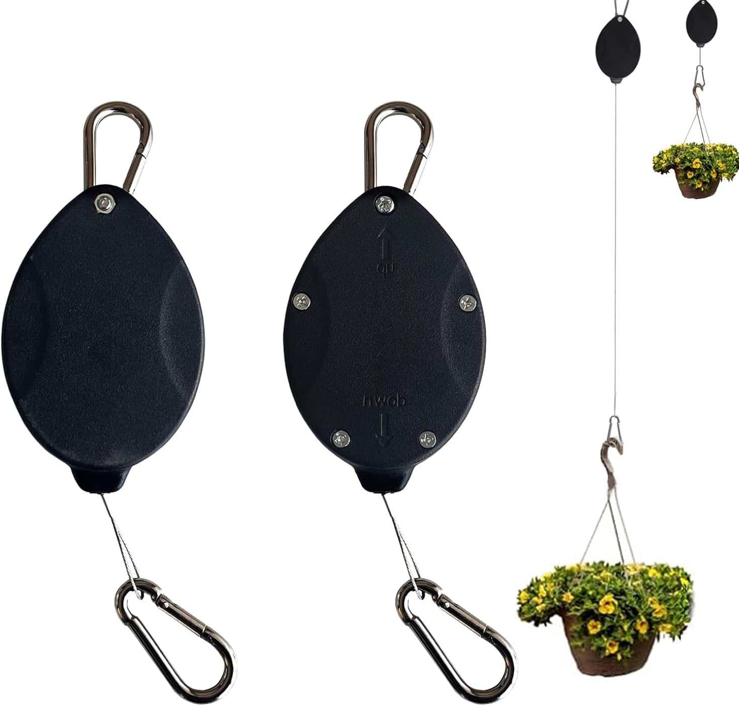 2PC (Black)Heavy Duty Retractable Hangers, Adjustable Climbing Hook for Garden Baskets Watering, or Bird Feeders,Stainless Steel Rope, Plant Pulleys for Hanging Plants, Auto Plant Holder,Plant Hanger image number 5