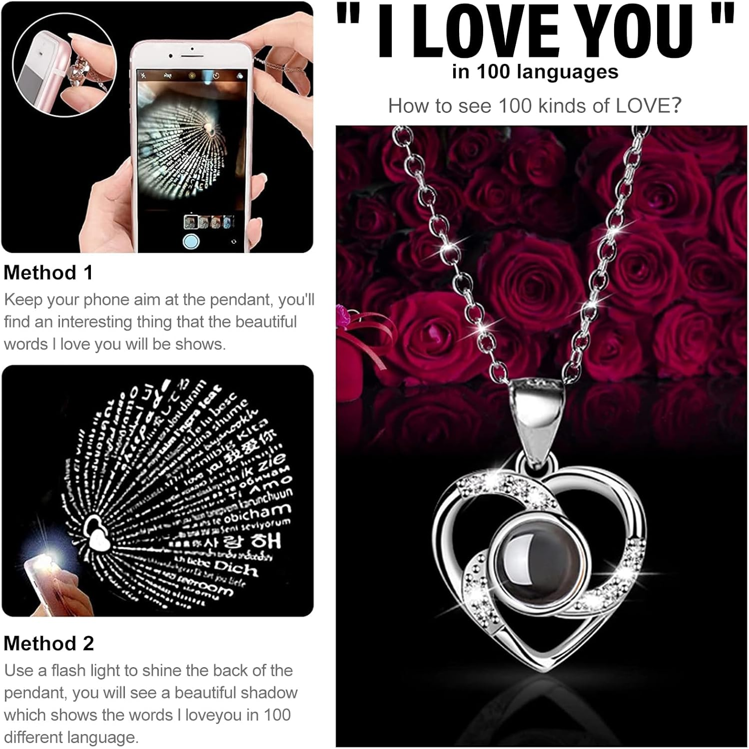 Preserved Red Real Rose with I Love You Necklace in 100 Languages, Eternal Flowers Rose Gifts for Mom Wife Girlfriend on Mothers Day Valentines Day Anniversary Christmas Birthday Gifts for Women image number 1