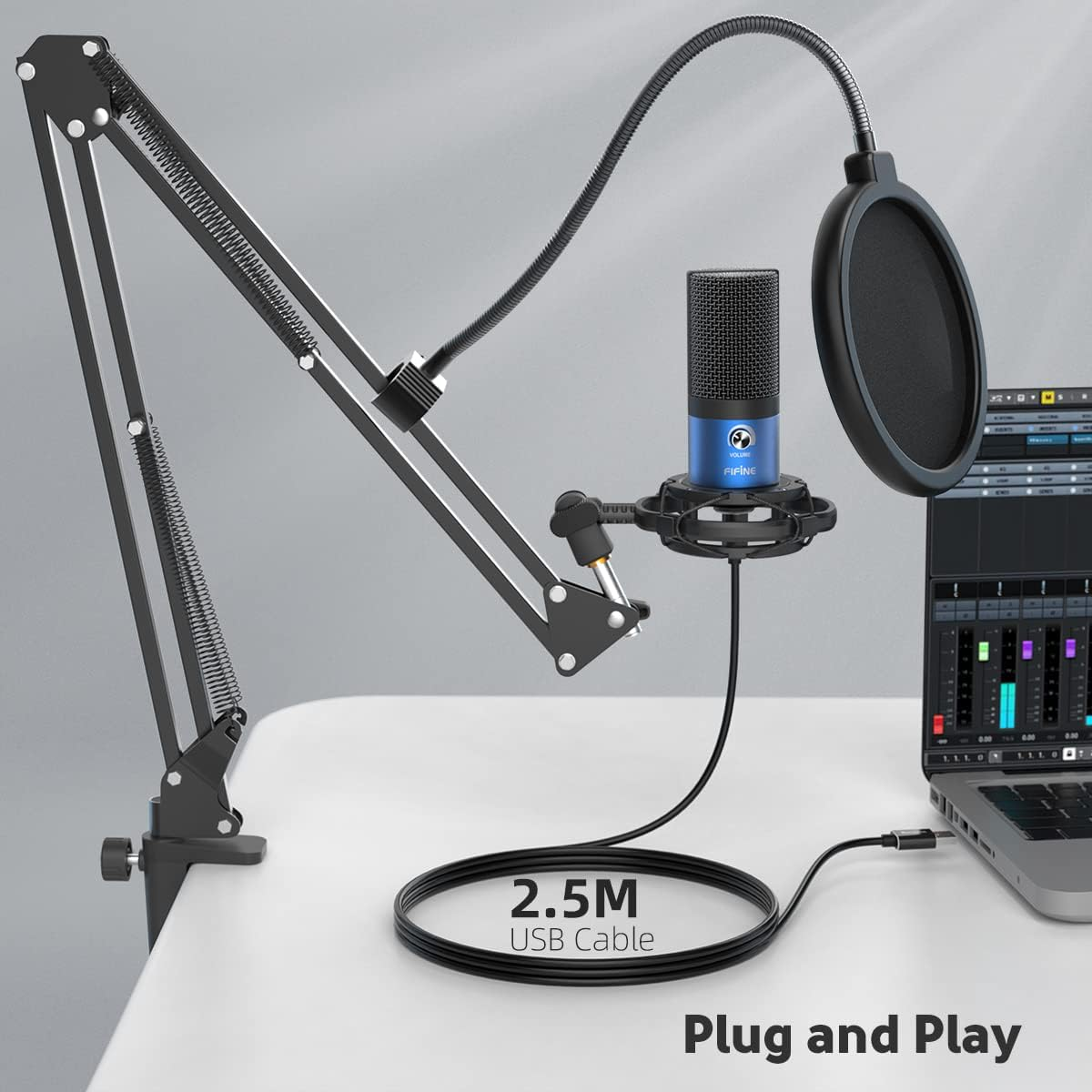 FIFINE USB Recording PC Microphone Kit, Computer Condenser Cardioid Mic on Mac Windows PS4/PS5, for Streaming, Podcasting, Gaming, Video, Home Use, with Gain Knob, Arm Stand-T669 Blue - Blue image number 6