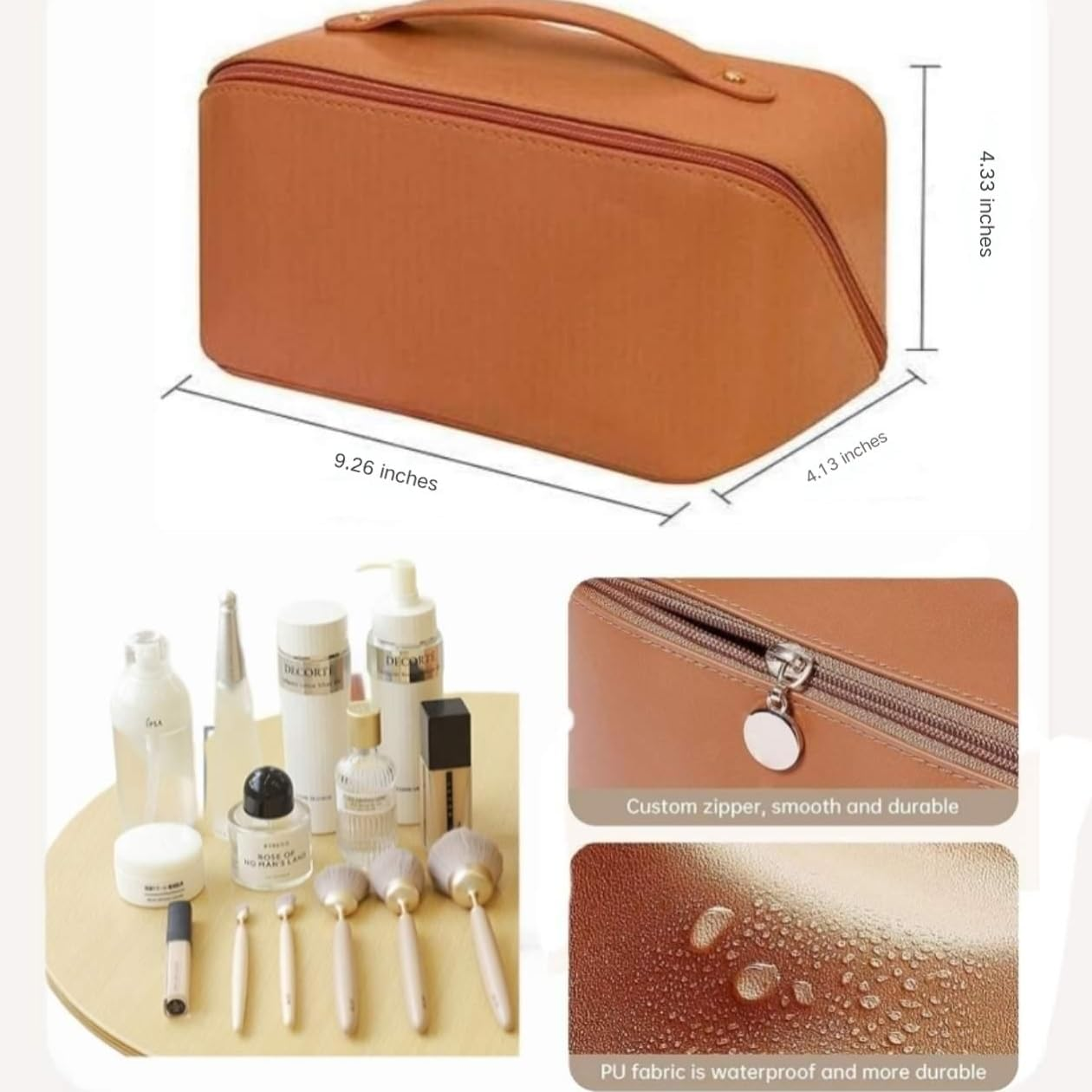 Waterproof Leather Makeup Bag with 180&deg; Opening &ndash; Organized Storage for Cosmetics, Ideal for Travel & Gifting,Leather Toiletry Bag with Handle, Tan Brown, Zip Closure, Travel Cosmetic Case, AUPOINT image number 3