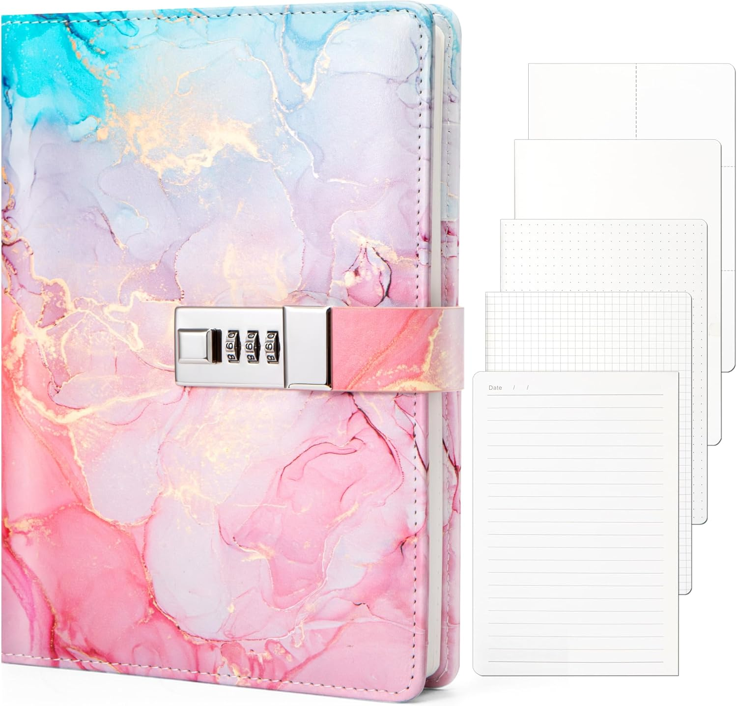 Toplive Marble Diary with Lock for Girls and Women, A5 Secret Journal with Lock, PU Leather A5 Password Notebook, Lockable Journal Diary Planner, for Girls Women, Marble Pink