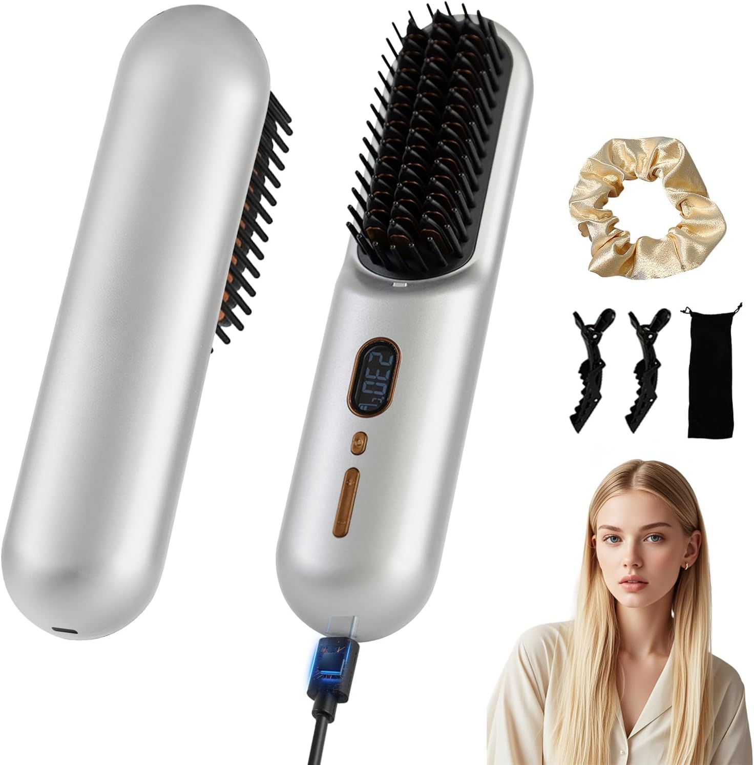 Top G Cordless Hair Straightener Brush Portable Mini Straightening Brush for Travel Upgraded 9600MAH USB Rechargeable Negative Ion Hot Comb Hair Straightener for Women(White)