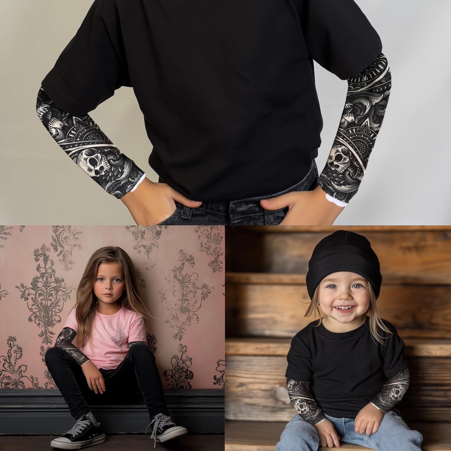 Tatodays Tattoos Sleeves for Kids Womens Small Adults Boys and Girls | 3 PCS Fake Tattoos for Rockstar Viking Pirate Hawaiian Samoan Tribal Gothic Fancy Dress | Womens Kids | Halloween Party image number 2